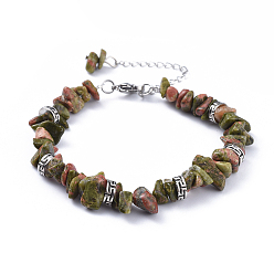 Унакит Браслеты из натуральных чипов unakite, с плоскими круглыми бусинами из проставок из тибетского сплава и выводами из нержавеющей стали, 7-1/4 дюйм ~ 7-3/8 дюйм (18.4~18.8 см)