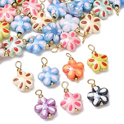 Mixed Color Handmade Porcelain Pendants, with Brass Findings, Hand Painted, Flower Charms, Real 18K Gold Plated, Mixed Color, 17x12x5.5mm, Hole: 2.4mm