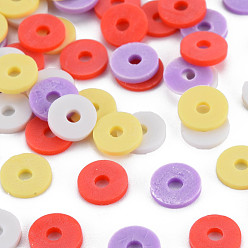 Orange Red 4 Colors Handmade Polymer Clay Beads, Heishi Beads, Disc/Flat Round, Orange Red & Light Khaki & Lilac & White, 8x0.5~1.5mm, Hole: 2mm, about 11500pcs/1000g