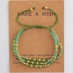 Зелено-Желтый Регулируемые многорядные браслеты из стеклянного бисера, а также из стеклянных и латунных бусин для женщин., круглые, с бумажной карточкой, зеленый желтый, 11.02 дюйм (28 см)