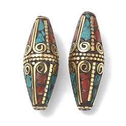 Античное Золото Ручной тибетском стиле бисера, двухконусные, Латунные бусины, с синтетическими бирюзовый, античное золото , 40~42x15 мм, отверстие : 1.6~2 мм