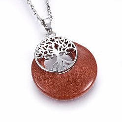 Камень с Пылевым Золотом Плоские круглые подвески из синтетического золотого камня, латунные обереги «Древо жизни», платина, 33x28x6 мм