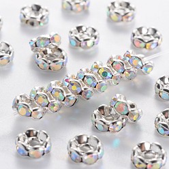 Clear AB Brass Rhinestone Spacer Beads, Beads, Grade A, Clear AB, with AB Color Rhinestone, Silver Color Plated, Nickel Free, Size: about 6mm in diameter, 3mm thick, hole: 1mm