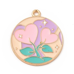 Corazón Colgantes de la aleación del esmalte, plano y redondo, la luz de oro, patrón del corazón, 28x24x1 mm, agujero: 2 mm