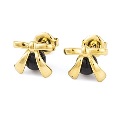 Real 14K Gold Plated Ion Plating(IP) 304 Stainless Steel Enamel Stud Earrings for Women, Bowknot, Real 14K Gold Plated, 10x11mm