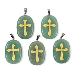 Зеленый Авантюрин Естественный зеленый авантюрин подвески, овальные с выгравированными золотыми крестиками, с дужками из нержавеющей стали, цвет нержавеющей стали, 38~39x25x7 мм, отверстие : 7x4 мм