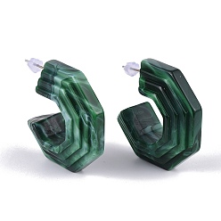 Green Acrylic Stud Earrings, Half Hoop Earrings, with 304 Stainless Steel Stud Earring Findings and Plastic Ear Nuts, Green, 37x36x13.5~14mm, Pin: 0.7mm