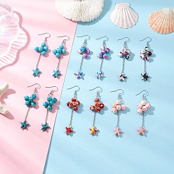 Платина 6 пары сережек-подвесок из синтетической бирюзы, морская звезда, с 304 нержавеющей сталью и латунью, платина, 77.5x21.5 мм