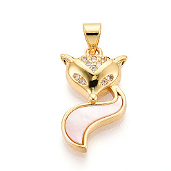 Настоящее золото 18K Латунные микропаве прозрачные подвески с фианитом, без кадмия и без свинца, с оболочкой, лиса, реальный 18 k позолоченный, 22x12.5x4.5 мм, отверстие : 5x3.5 мм