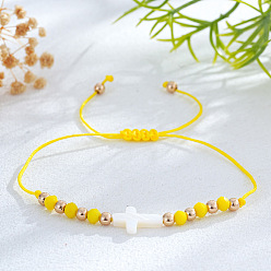 Желтый Регулируемые браслеты из плетеных бусин из стекла и латуни, украшения в виде креста из натуральных ракушек для женщин, желтые, 11.02 дюйм (28 см)