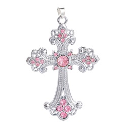 Платина Сплав горный хрусталь большие кулоны, крестик, индийский розовый, платина, 75x50x7 мм, отверстие : 7x5 мм