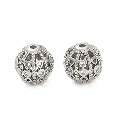 Платина Латунные микро проложить кубического циркония бусы, полый, круглые с сердцем, платина, 10~10.5x10.5 мм, отверстие : 1.6 мм