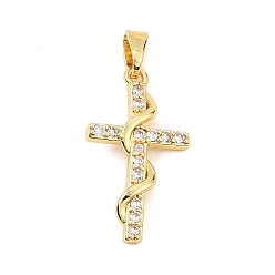 Golden Brass Micro Pave Clear Cubic Zirconia Pendants, Cross Charms, Golden, 23.5x13x3mm, Hole: 5x3.5mm
