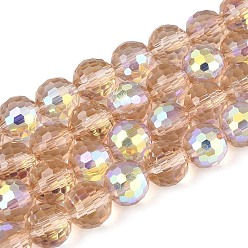 пшеница Гальванизируйте прозрачное стекло бисер нитей, круглые, граненый(96 граненый), с половинным покрытием ab цвета, цвет пшеницы, 7.5~8 мм, отверстие : 1~1.4 мм, около 68~69 шт / нитка, 19.49~19.88 дюйм (49.5~50.5 см)
