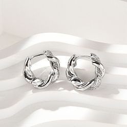 Платина Серьги-кольца из латуни с прозрачным кубическим цирконием, твист, платина, 15.5x15.5x4 мм