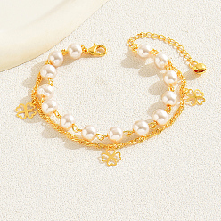 Настоящее золото 18K Элегантные двухслойные браслеты с подвеской в виде клевера из латуни и искусственного жемчуга для женщин, реальный 18 k позолоченный, 8-1/4 дюйм (210 мм)
