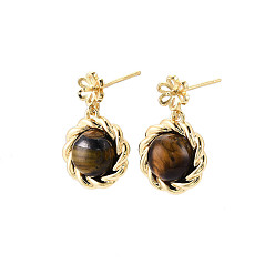 Настоящее золото 18K Фурнитура для сережек-гвоздиков из латуни и тигрового глаза, с 925 иглой из стерлингового серебра, за половину пробурено бисера, без кадмия, без никеля и без свинца, реальный 18 k позолоченный, 20x12.5 мм, штифты : 0.8 мм