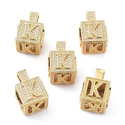 Letter K Кулоны из латуни с микропейвом и прозрачным фианитом, реальный 18 k позолоченный, куб с письмом, letter.k, 26x17x17 мм, отверстие : 5x8 мм