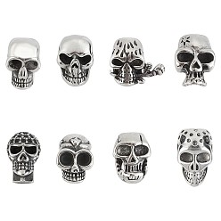 Antique Silver 8Pcs 8 Styles 304 Stainless Steel Cord End Caps & Beads, Skull, Antique Silver, 1pc/style