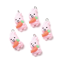 Pearl Pink Opaque Resin Pendants, with Platinum Tone Iron Loops, Rabbit with Carrot, Pearl Pink, 26.5x14x9mm, Hole: 2mm