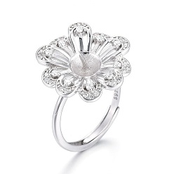 Platinum Adjustable Rhodium Plated 925 Sterling Silver Finger Design Ring Mounts Fittings with Pearl Seat, For Half Drilled Beads, with Cubic Zirconia, Flower, with 925 Stamp, Platinum, Size 6, 16.5mm, Tray: 5mm, Pin: 0.8mm