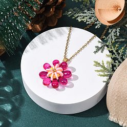 Фуксиновый Подвеска-цветок из стекла, полимерной глины ручной работы и стеклянных бус 304 ожерелья из нержавеющей стали с цепочкой-кабелем, золотые, красно-фиолетовые, 17.72 дюйм (45 см)
