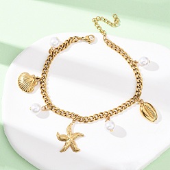 Морская звезда Браслеты с подвесками в форме морской звезды и ракушки 304 из нержавеющей стали, 304 Браслеты из нержавеющей стали с панцирной цепью для женщин, акриловыми имитация жемчуга, ионное покрытие (ip), морская звезда, 7-5/8 дюйм (19.5 см)