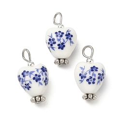 Платина Подвески из фарфора ручной работы с принтом, с железными петлями, подвески в виде сердца с цветочным узором, платина, 22~22.5x12x9.5 мм, отверстие : 2.7~3.5 мм