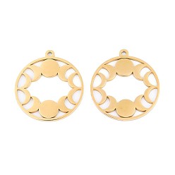Настоящее золото 18K 304 подвески из нержавеющей стали, плоская круглая подвеска с фазами луны, ионное покрытие (ip), реальный 18 k позолоченный, 29.5x26.5x1.5 мм, отверстие : 1.8 мм