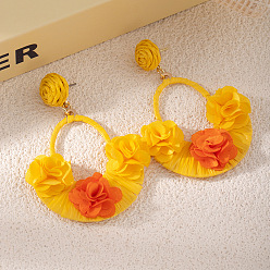 Gold Raffia & Cloth Flower Dangle Earrings, Alloy Stud Earrings for Women, Golden, Gold, 70x50mm