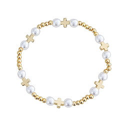 Золотой Религиозные браслеты из латуни, железа и бусин из искусственного жемчуга для женщин., крест и круглый, золотые, 6.89 дюйм (17.5 см)
