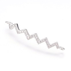 Real Platinum Plated Brass Micro Pave Cubic Zirconia Links, Real Platinum Plated, Wave, 5x35x2mm, Hole: 1mm
