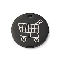 Черный 201 подвески из нержавеющей стали, плоский круглый с подвеской в виде тележки для покупок, чёрные, 24x2.5 мм, отверстие : 2.2 мм