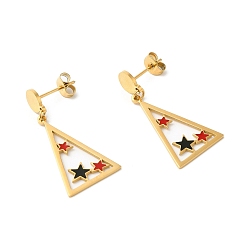 Golden Enamel Triangle with Star Dangle Stud Earrings, Ion Plating(IP) 304 Stainless Steel Jewelry, Golden, 34x15mm