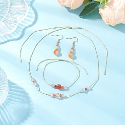 Смешанные камни Комплект из круглого натурального сердолика, малайзийского нефрита и кошачьего глаза, ожерелья, браслета и сережек-подвесок, с оплеткой нейлоновой нити, 1.59x0.33 дюйм (40.5x8.5 мм)