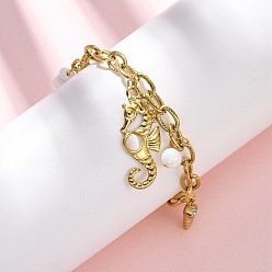 Настоящее золото 18K 304 из нержавеющей стали горный хрусталь шарм браслеты, с белой раковиной, пластиковым перламутром и кошачьим глазом, ионное покрытие (ip), морской конек, реальный 18 k позолоченный, 6-3/4 дюйм (17 см)