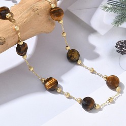 Tiger Eye Natural Tiger Eye Faceted Flat Round Beaded Chain Necklaces with Matte Brass Beads, 304 Stainless Steel Jewelry for Women, Golden, Long-Lasting Plated, 25.16 inch(63.9cm)