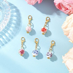 Золотой 5 шт. круглый ручной работы с цветочным принтом фарфоровый керамический кулон украшение, с цинковым сплавом застежками омаров коготь, золотые, 28.5~31 мм