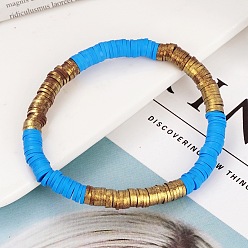 Deep Sky Blue Handmade Polymer Clay Heishi Beaded Stretch Bracelets with CCB for Women, Golden, Deep Sky Blue, 7.09 inch(18cm)