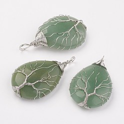 Зеленый Авантюрин Естественный зеленый авантюрин большие кулоны, слеза, Подвески из латунной проволоки, платина, 50~55x31x11 мм, отверстие : 5 мм