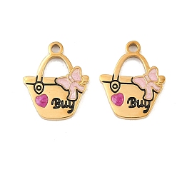 Rose Chaud 304 acier inoxydable avec pendentifs en émail, placage ionique (ip), sac avec breloques mot acheter et nœud papillon, or, rose chaud, 15.5x13x1.5mm, Trou: 1.6mm