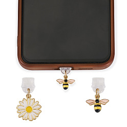 Золотой 2шт 2 стили ПВХ мобильные пылезащитные заглушки, с подвесками из сплава эмали в виде ромашек и пчел, золотые, 25~31 мм