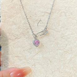 Pink Женские кулоны в форме сердца с булавкой из латуни и кубическим цирконием, платина, розовые, 17.72 дюйм (45 см)