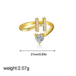 Letter H Латунные кольца-манжеты с микропаве из прозрачных кубических цирконий, сердце, золотые, Письмо ч, 21 мм