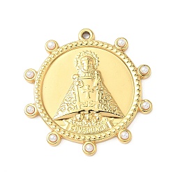 Настоящее золото 18K 304 подвески из нержавеющей стали, плоский круглый с королем, с абс пластмассовой имитационной жемчужиной, реальный 18 k позолоченный, 31.5x30x2.5 мм, отверстие : 1.5 мм