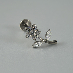 Нержавеющая Сталь Цвет G23 титановый сплав паве прозрачные кубические цирконии лабреты, цветок, цвет нержавеющей стали, 8 мм, штифты : 1.2 мм