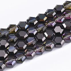 Black Electroplate Glass Beads Strands, Half Plated, Faceted, Hexagon, Black, 5x6x4mm, Hole: 1mm, about 95~98pcs/strand, 19.29~20.07 inch(49~51cm)