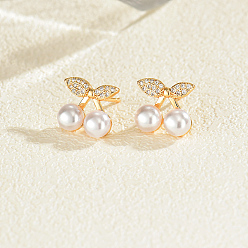 Вишня Латунь серьги, с кубического циркония, реальный 18 k позолоченный, вишня, 11.5x11.5 мм