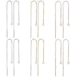 Mixed Color 6 Pairs 3 Colors Rack Plating Brass Stud Earring Findings, with Loop, Ear Threads, Long-Lasting Plated, Cadmium Free & Nickel Free & Lead Free, Mixed Color, 100x0.6mm, Hole: 2mm, Pin: 0.7mm, 2 pairs/color