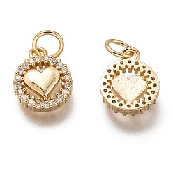 Golden Brass Micro Pave Clear Cubic Zirconia Charms, Long-Lasting Plated, with Jump Ring, Flat Round with Heart, Golden, 12x9x2mm, Jump Ring: 5x1mm, 3mm Inner Diameter